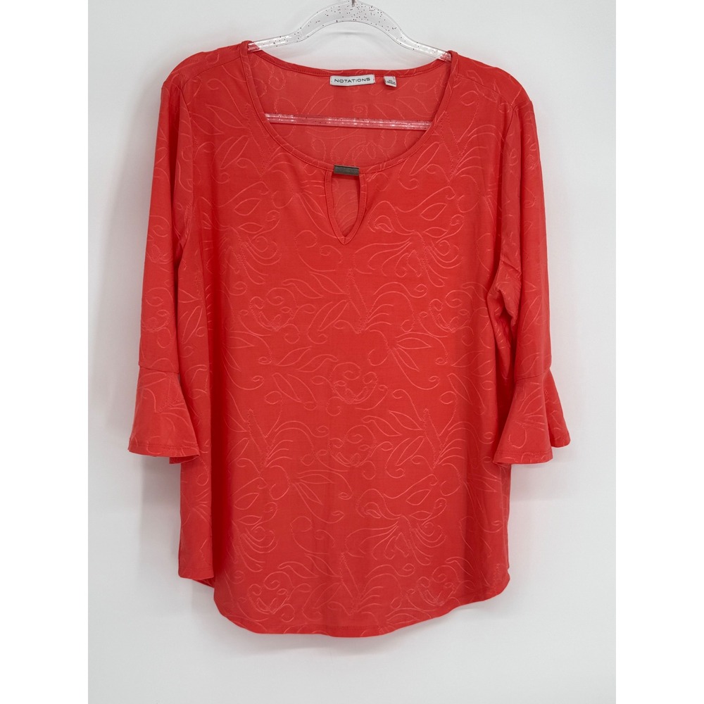 Notations Womens Sz XL Coral Orange Jacquard Keyhole Bell Sleeve Blouse
